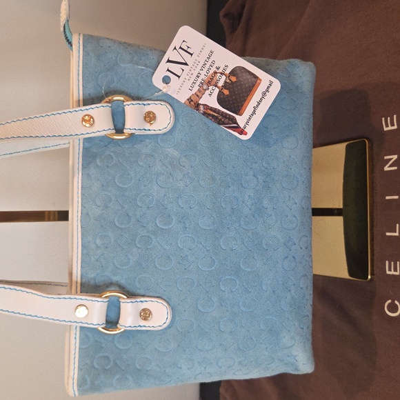 Celine vintage 2001 Rare Limited prod Light blue/white 10" suede/leather tote - Picture 1 of 17